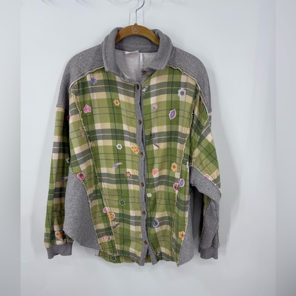 Urban Outfitters Tops - Urban Outfitters Out From Under green patchwork button-up shirt shacket jacket S